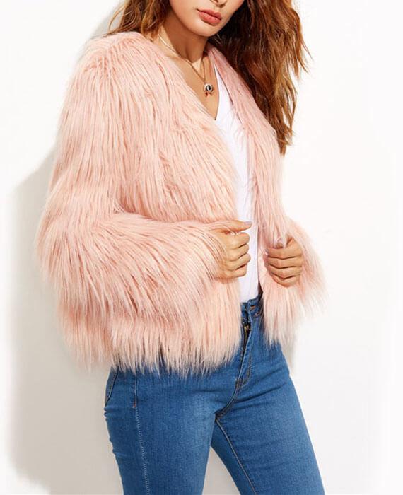 Faux Fur Long Sleeve Pink Jackets-4