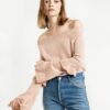 Long Flare Sleeve Ruffles Solid Pink Pullovers
