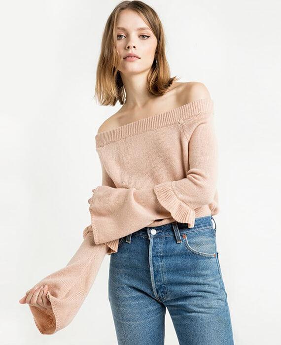 Long Flare Sleeve Ruffles Solid Pink Pullovers