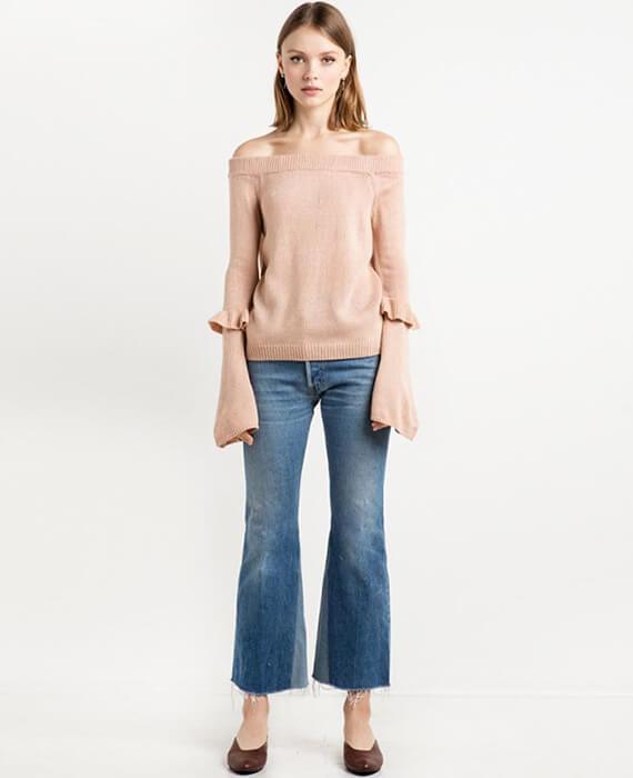 Long Flare Sleeve Ruffles Solid Pink Pullovers