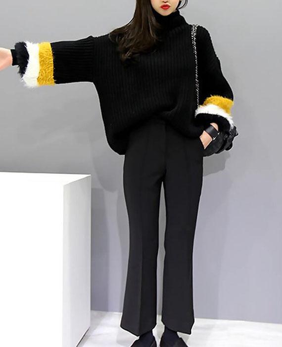 Patchwork Cable Knit Turtleneck Sweater-4