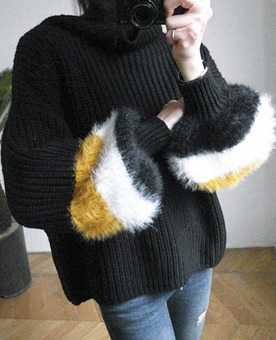 Patchwork Cable Knit Turtleneck Sweater-56