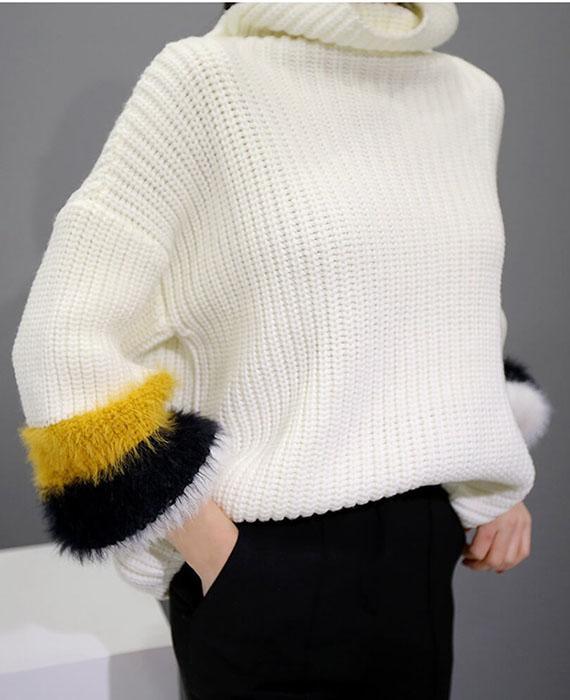 Patchwork Cable Knit Turtleneck Sweater-6