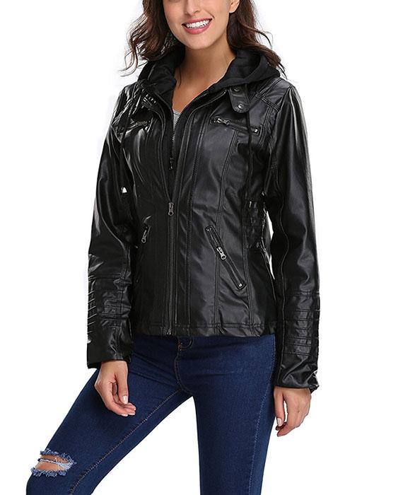 Womens Hooded Faux Leather Jacket