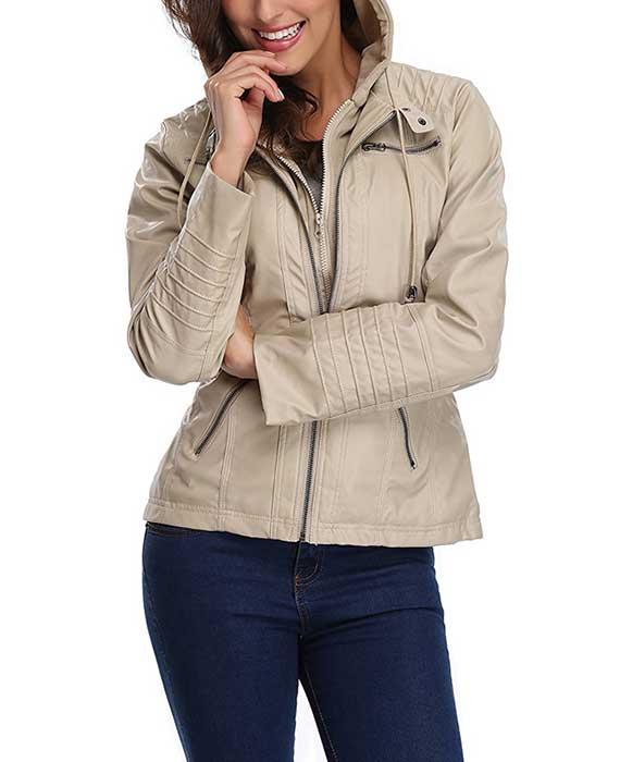 Womens Hooded Faux Leather Jacket