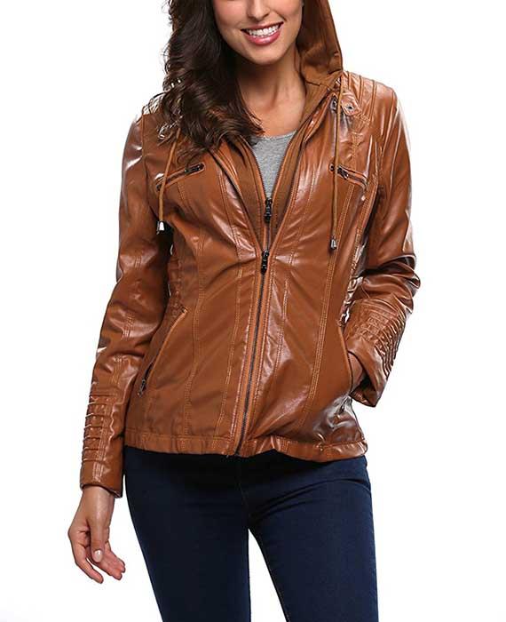 Womens Hooded Faux Leather Jacket