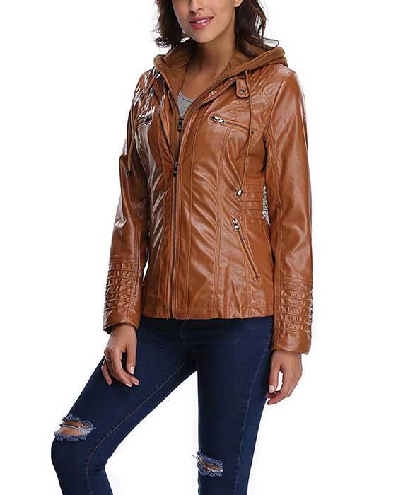Womens Hooded Faux Leather Jacket
