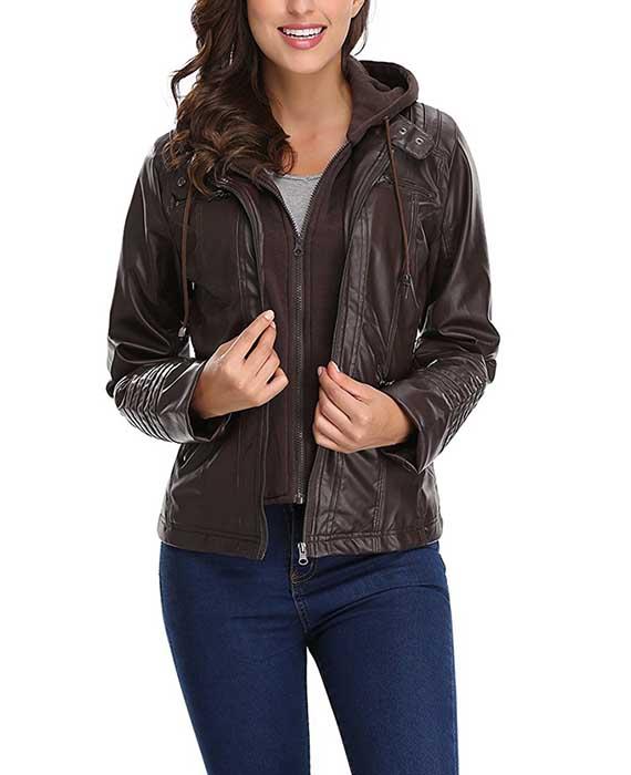 Womens Hooded Faux Leather Jacket