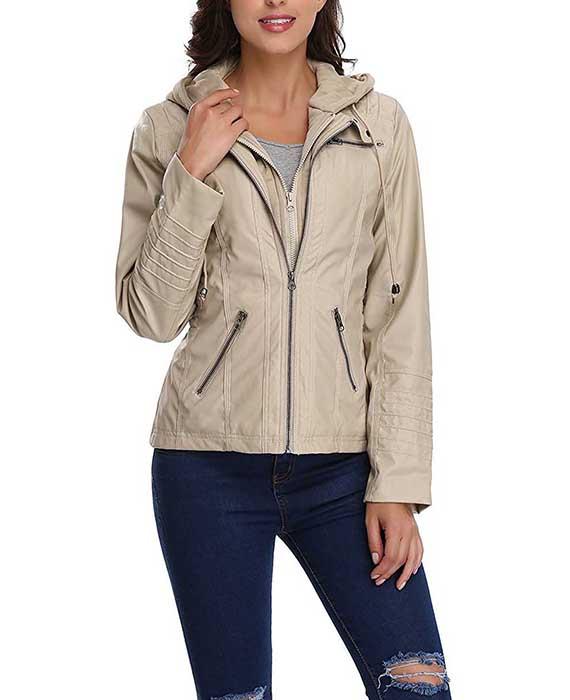 Womens Hooded Faux Leather Jacket