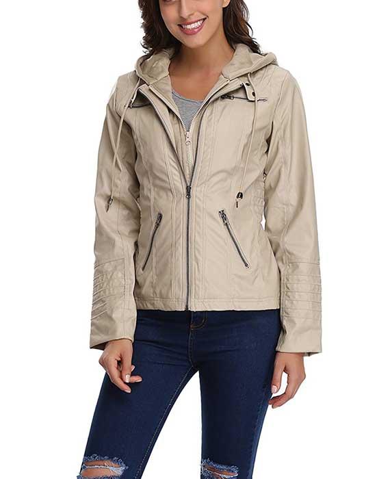 Womens Hooded Faux Leather Jacket