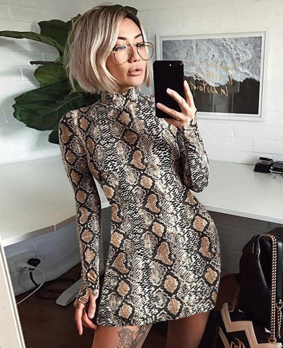 Sexy Snake Skin Print Long Sleeve Mini Club Dress