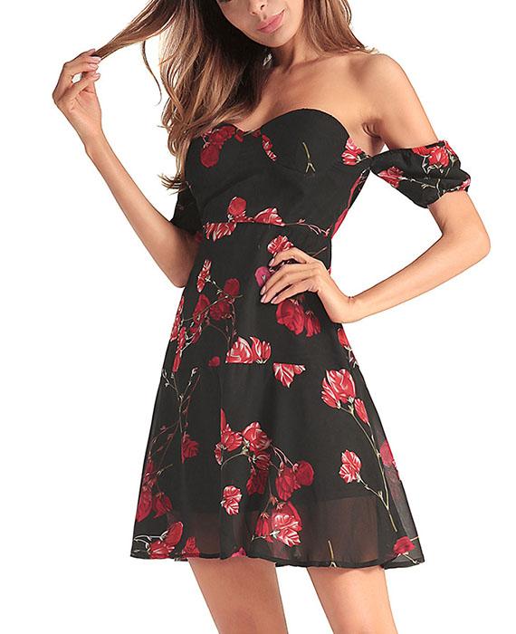 Black Floral Off the Shoulder Dress