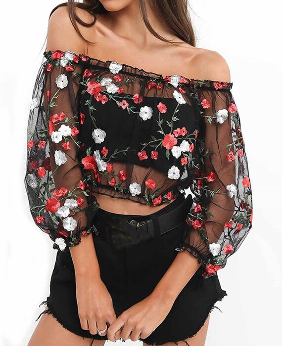 Off the Shoulder Embroidery Mesh Blouse
