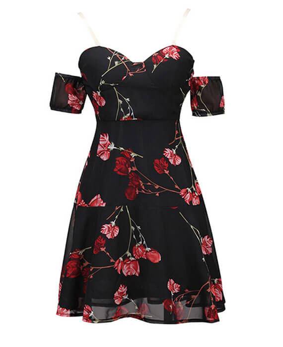 Black Floral Off the Shoulder Dress-3
