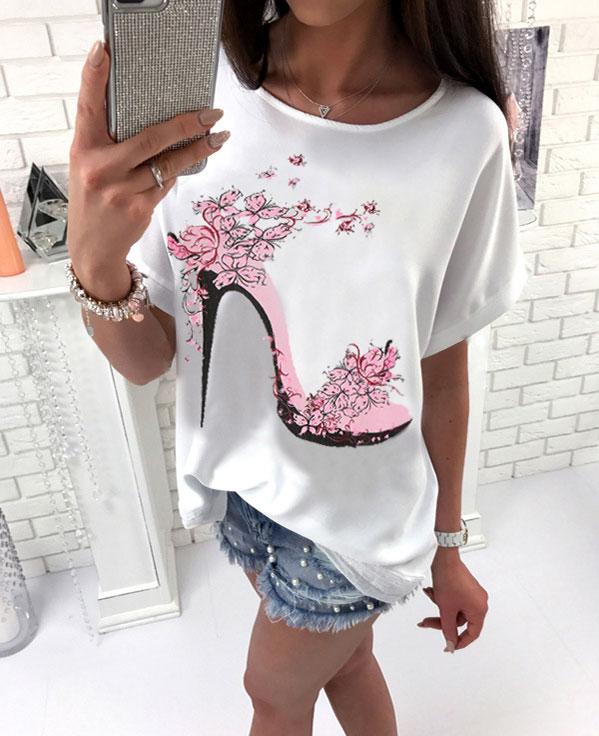 Short Sleeve High Heels And Flower Printed Casual Loose T-shirts