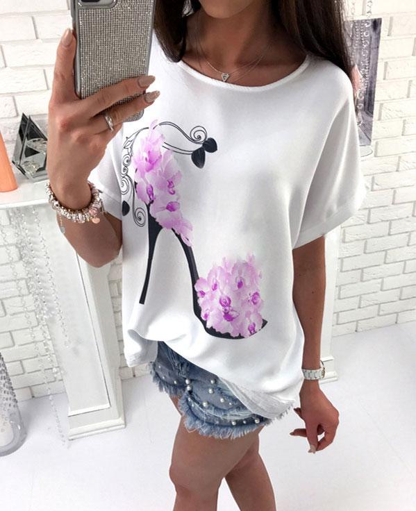 Short Sleeve High Heels And Flower Printed Casual Loose T-shirts
