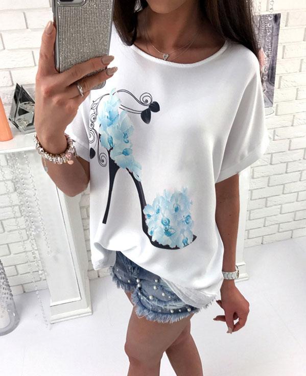 Short Sleeve High Heels And Flower Printed Casual Loose T-shirts