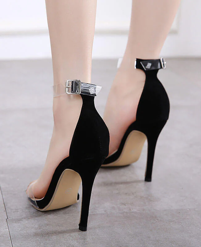 PVC Sexy Clear Transparent Ankle Strap High Heels BLACK 14
