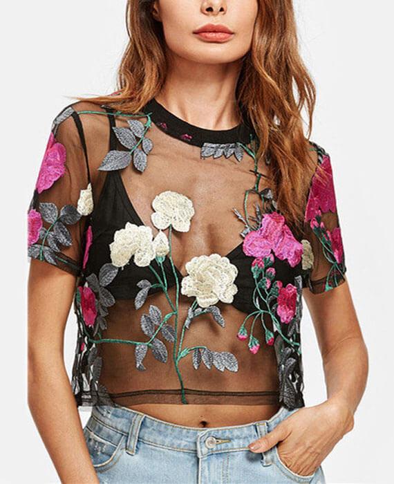 Embroidery Flower Mesh T-shirts