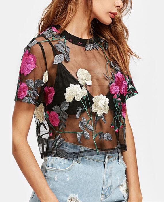 Embroidery Flower Mesh T-shirts