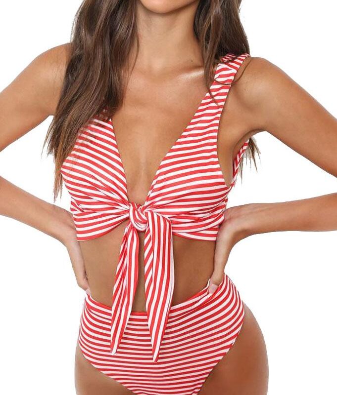 Double-deck Milk Striped Double Shoulder Stripes Swimsuit
