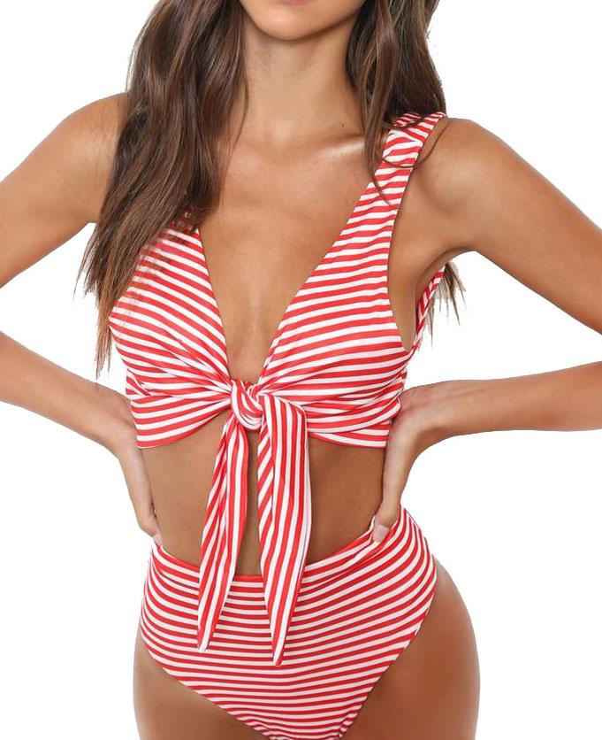 Double-deck Milk Striped Double Shoulder Stripes Swimsuit