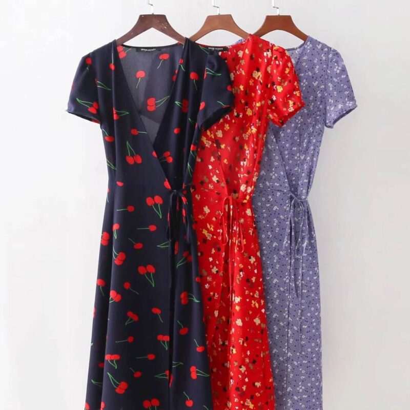 Sexy Floral Print Deep V Neck Wrap Split Dress