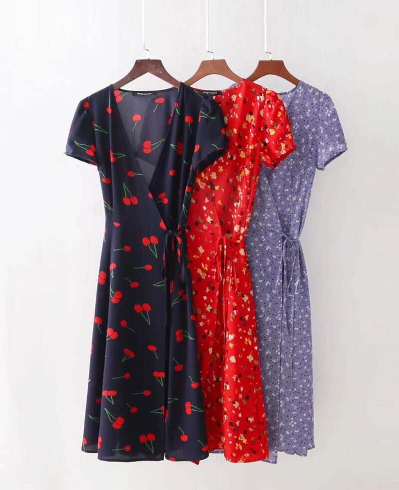 Sexy Floral Print Deep V Neck Wrap Split Dress