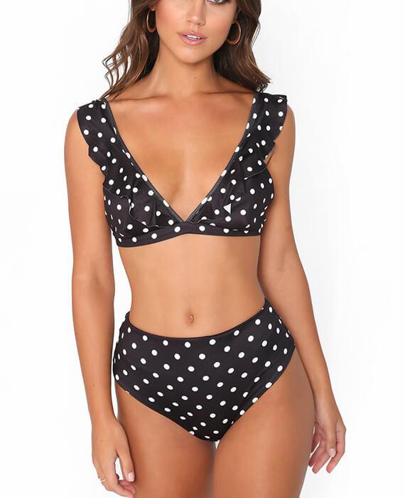 Dot Print Lotus Leaf Two Pieces Bikini Sets
