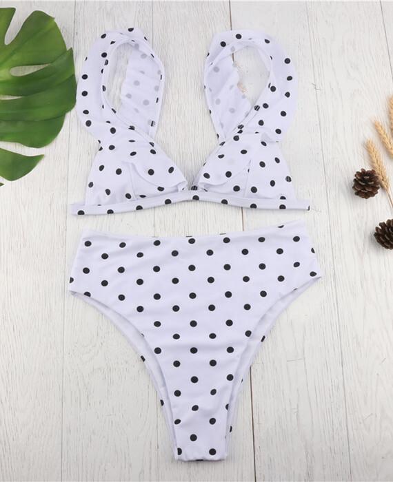 Dot Print Lotus Leaf Two Pieces Bikini Sets