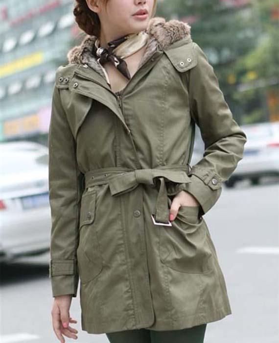 Faux Fur Cotton Padded Jacket Outwear with Belt