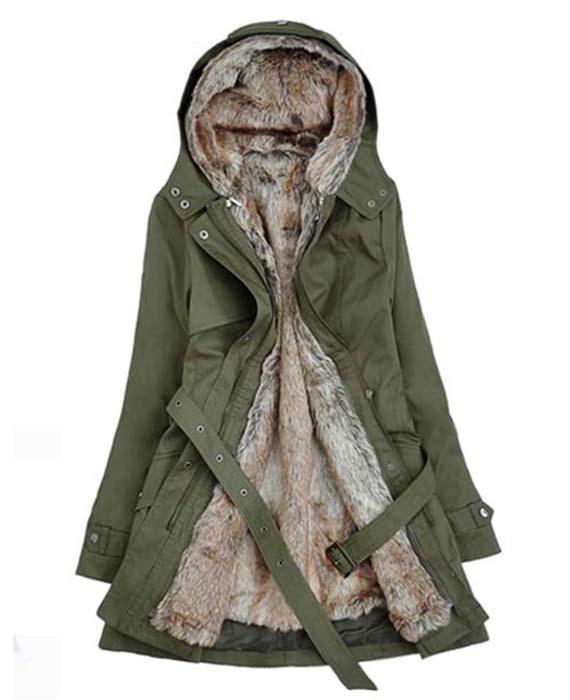 Faux Fur Cotton Padded Jacket Outwear with Belt