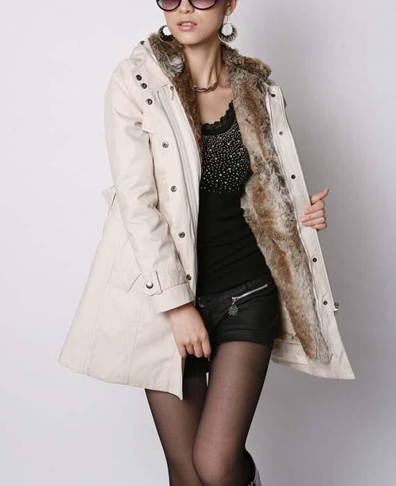 Faux Fur Cotton Padded Jacket Outwear with Belt