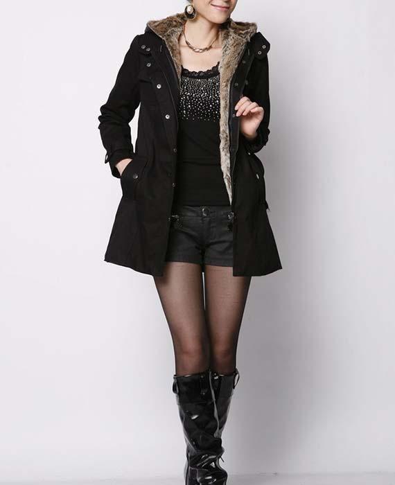 Faux Fur Cotton Padded Jacket Outwear with Belt