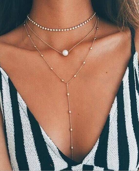 Boho Simulated Pearl Crystal Chokers Necklace