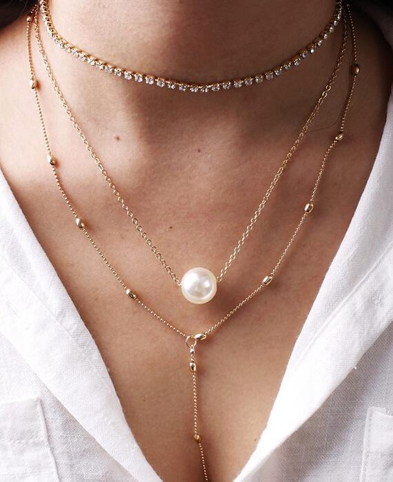 Boho Simulated Pearl Crystal Chokers Necklace