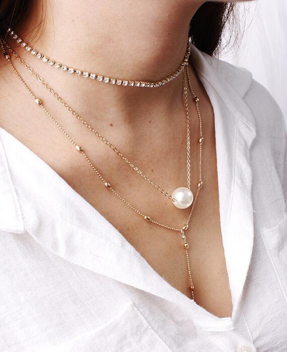 Boho Simulated Pearl Crystal Chokers Necklace