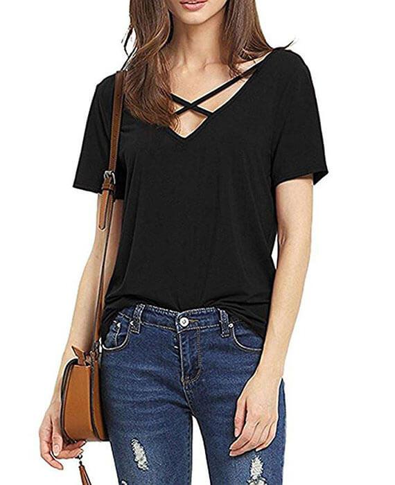 V-Neck Cross Bandage Solid Color T-Shirt