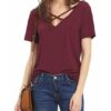 V-Neck Cross Bandage Solid Color T-Shirt
