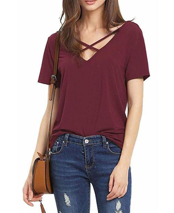 V-Neck Cross Bandage Solid Color T-Shirt