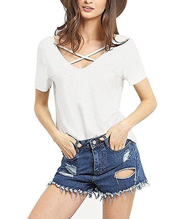 V-Neck Cross Bandage Solid Color T-Shirt