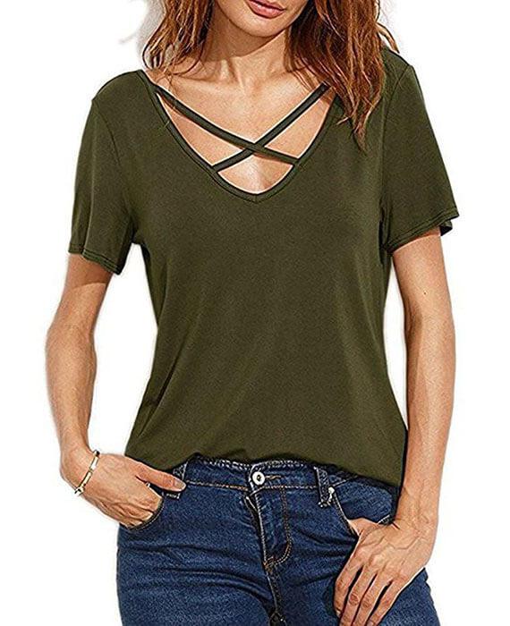 V-Neck Cross Bandage Solid Color T-Shirt