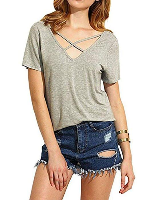 V-Neck Cross Bandage Solid Color T-Shirt