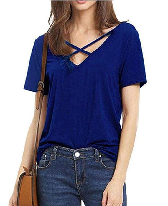 V-Neck Cross Bandage Solid Color T-Shirt