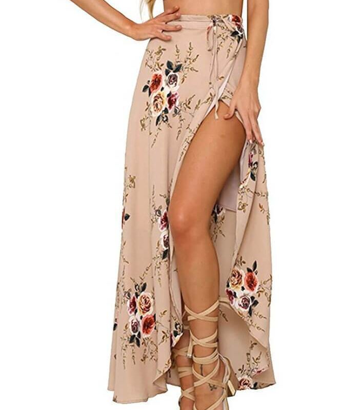 Boho Vintage Floral Print Side Slit Wrap Irregular Long Skirt