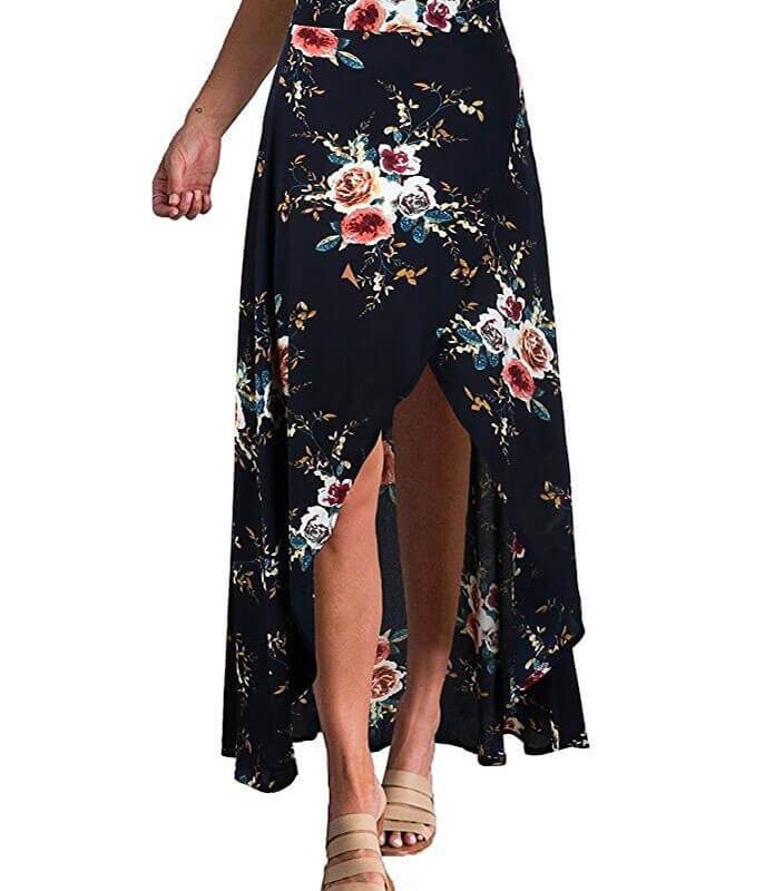 Boho Vintage Floral Print Side Slit Wrap Irregular Long Skirt