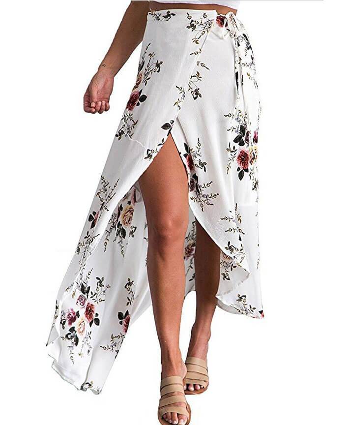 Boho Vintage Floral Print Side Slit Wrap Irregular Long Skirt