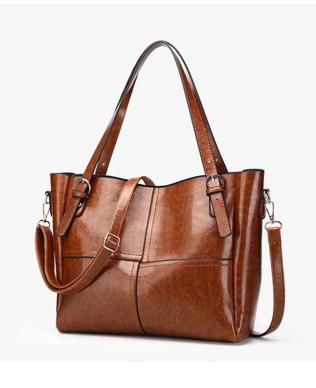Vintage PU Oil Wax Leather Patchwork Large Capacity Tote Bag