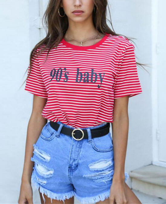 90‘s BABY Letter Print Striped Red T-Shirt
