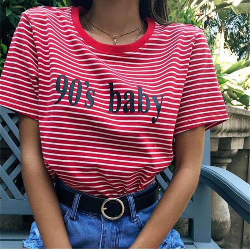 90‘s BABY Letter Print Striped Red T-Shirt